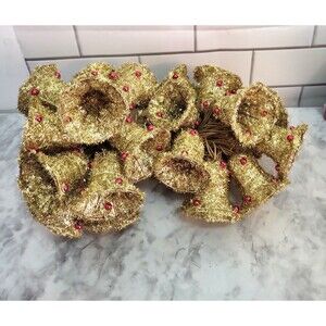 Vtg 70s Gold Tinsel Christmas Bells String Lights Festive Holiday Decor (2 sets)